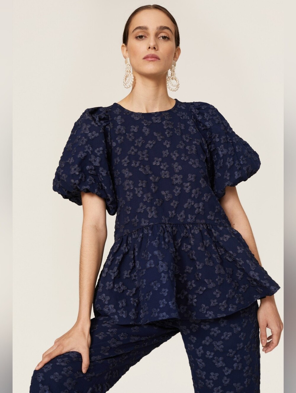 Stine Goya Liw Jacquard Peplum Blouse in Navy | NWT Size XS